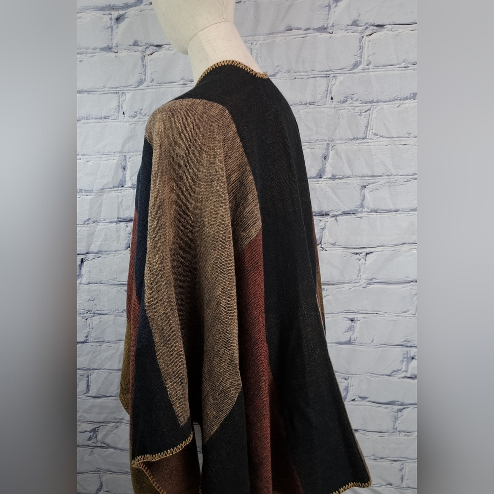 Danier Womens Cape Poncho Boho Wrap Blanket Shawl Open Front Colorblock One Size - Picture 8 of 13